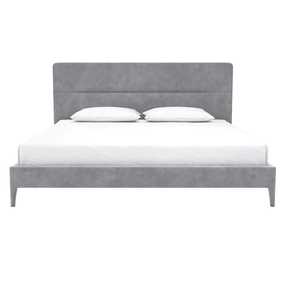 King-Size Light Gray Velvet Upholstered Bed with Minimalist Tufted Headboard