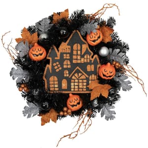 24 in. Orange and Black Unlit Haunted House Halloween Wreath