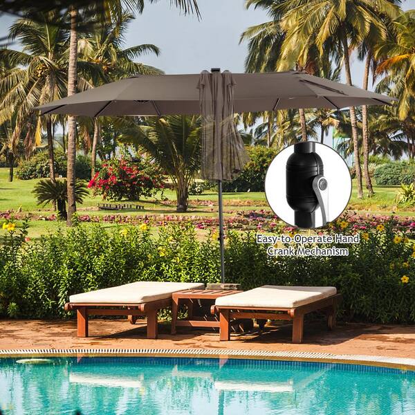15 ft. Twin Patio Umbrella in Light Brown with 48 Solar LED Lights  HYUB-04CF - The Home Depot