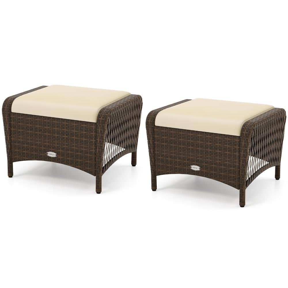 Set of 2 Outdoor Patio Wicker Ottomans PE Rattan Footstool 400 lb. with Removable Cushions and Round Corners