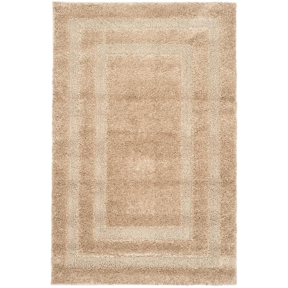 Beige Rectangular Shag Area Rug with Raised Border Design