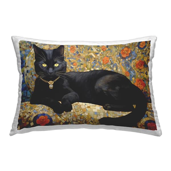 Stupell Industries Luxurious Black Cat Multi-Color Geometric Polyester 14 in. x 20 in. Throw Pillow