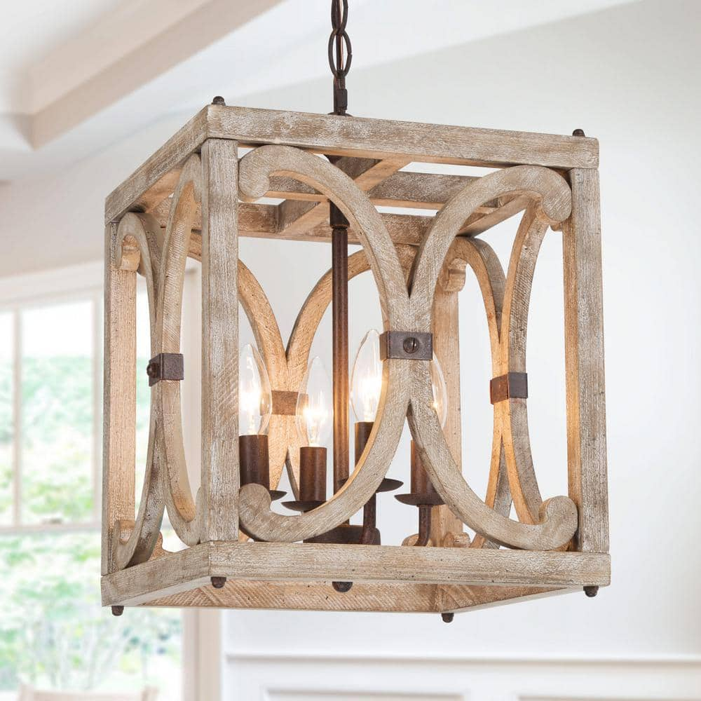 LNC Farmhouse Modern Wood Square Chandelier, 4-Light Rusty Brown