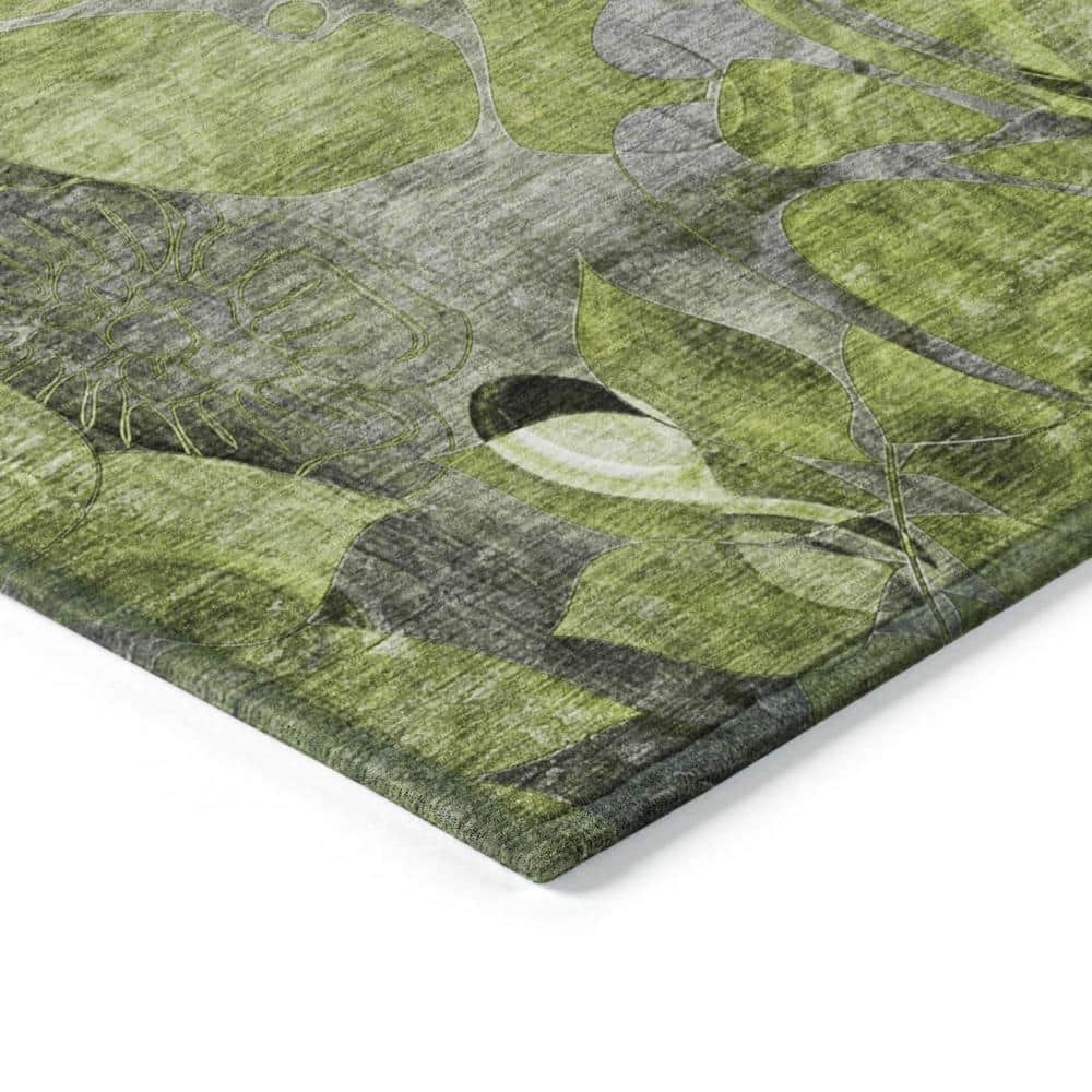 Fern Green and Gray Floral Washable Polyester Outdoor Rug