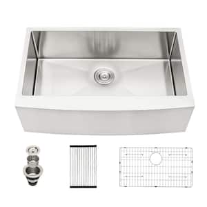 30 in. Farmhouse/Apron Front Farm Single Bowl 16-Gauge Round Corner Stainless Steel Kitchen Sink Basin with Bottom Grid