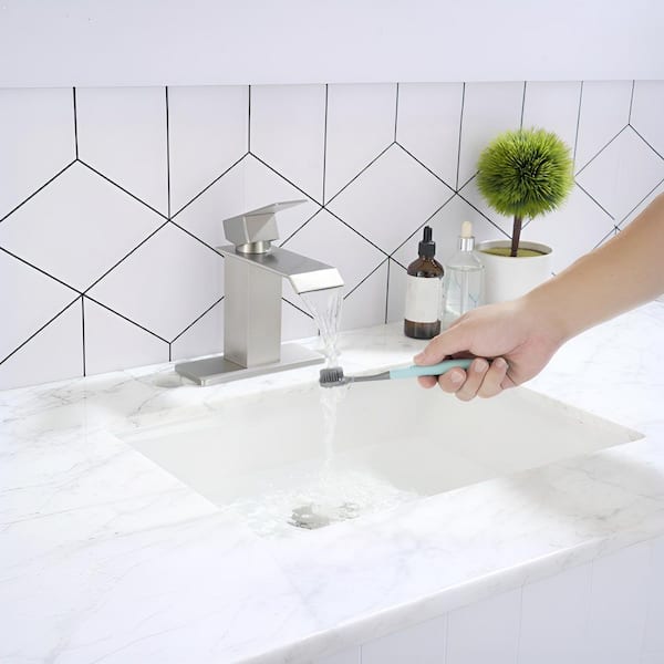 Single Handle Waterfall Spout Single Hole Bathroom Sink Faucet Bath Vanity Faucet with Pop-Up Drain in Brushed Nickel