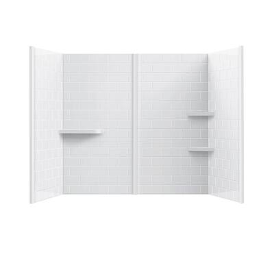Subway 60 in. W x 60 in. H 4-Piece Glue Up Marble Alcove Tub Wall Surround in Glossy White with Shelves, Trims