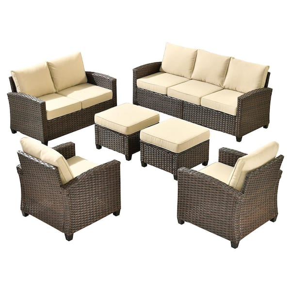 Palermo Brown 6-Piece Modern Wicker Modular Outdoor Patio Conversation Sofa Seating Set with Beige Cushions