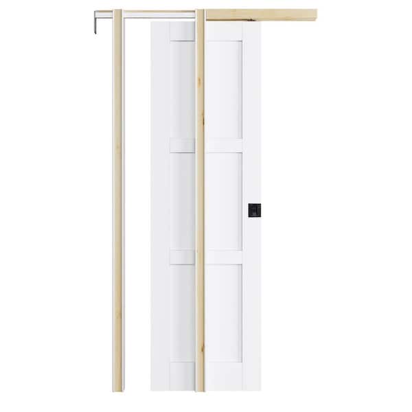 24 in. x 96 in. 3-Paneled White Primed Wood Pocket Door with Frame and Hardware Kit (Soft Close and Black Lock Incl)