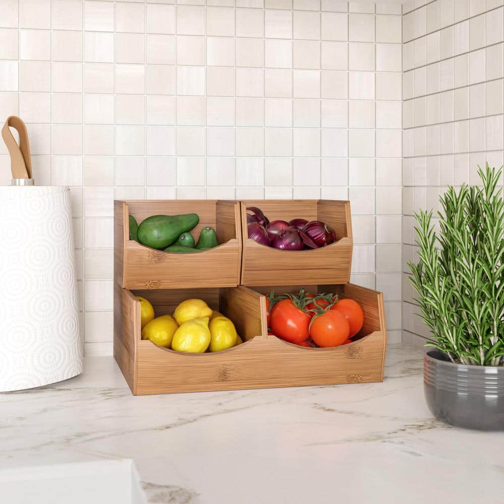 Natural Bamboo Stackable Bin Organizer Set with Three Shelves