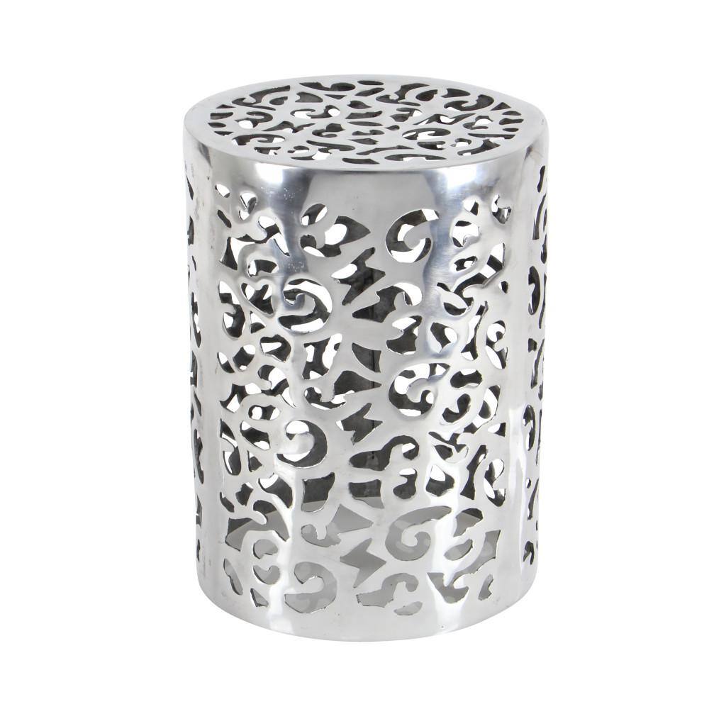Polished Silver Round Metal Accent Table with Precision Cut Design