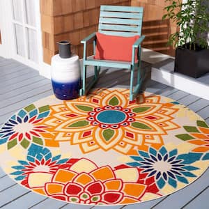 Cabana Ivory/Orange Doormat 3 ft. x 3 ft. Round Retro Floral Indoor/Outdoor Area Rug