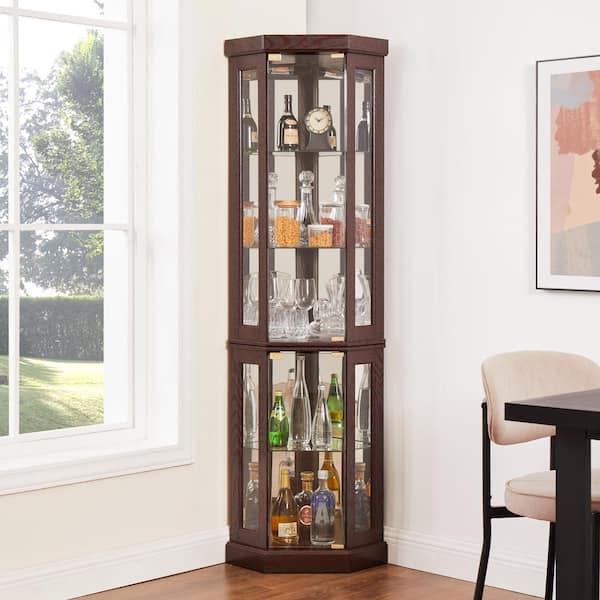 12-Bottle Dark Cherry Wine Rack Corner Glass Cabinet Lighted Curio