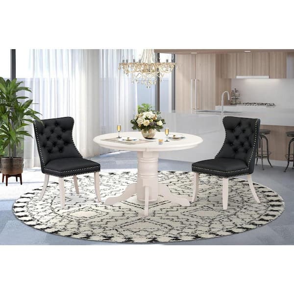 East West Furniture 3-Piece Linen white Solid Wood Top - Round Upholstered Dining Room Set - Seats 4