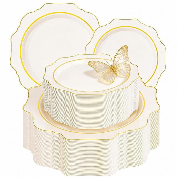Ivory Gold-Scalloped Heavy-Duty Disposable Dinner and Dessert Plates Porcelain-Like Finish (Set of 100)