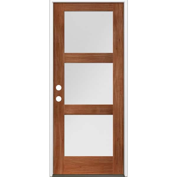 Krosswood Doors 36 in. x 80 in. Modern Hemlock 3-Lite Right-Hand/Inswing Frosted Glass Red Chestnut Stain Wood Prehung Front Door