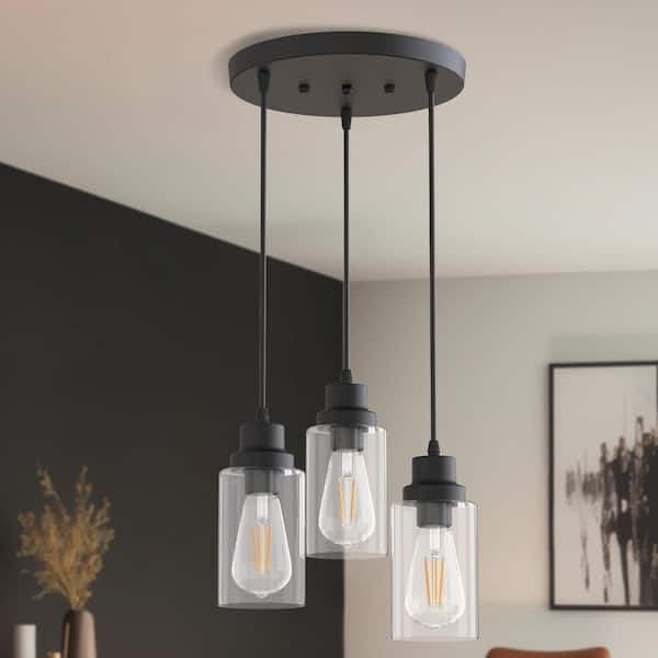 64.9 in. 3-Light Black Modern Cluster Pendant Light with Clear Glass Shades for Kitchen Dining Room No Bulbs Included