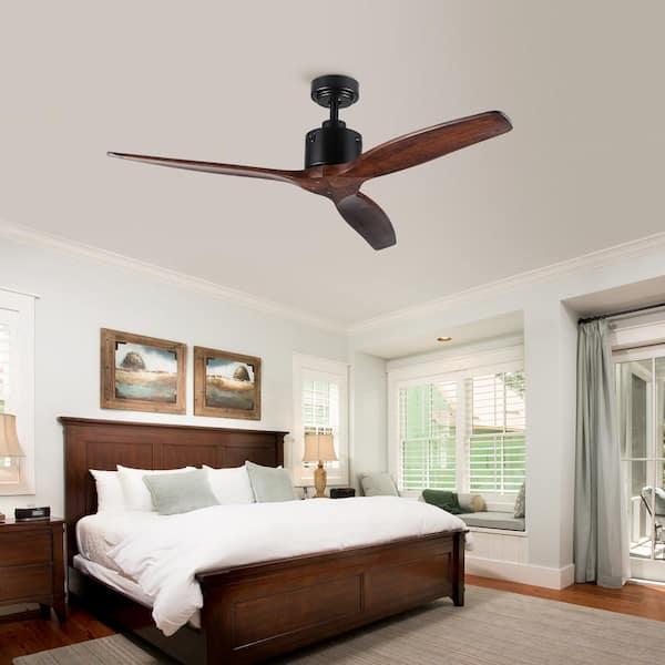 52 in. Indoor Black Remote Flush Low Profile Ceiling Fan in Antique Brown with Solid Wood Blade (without Light)
