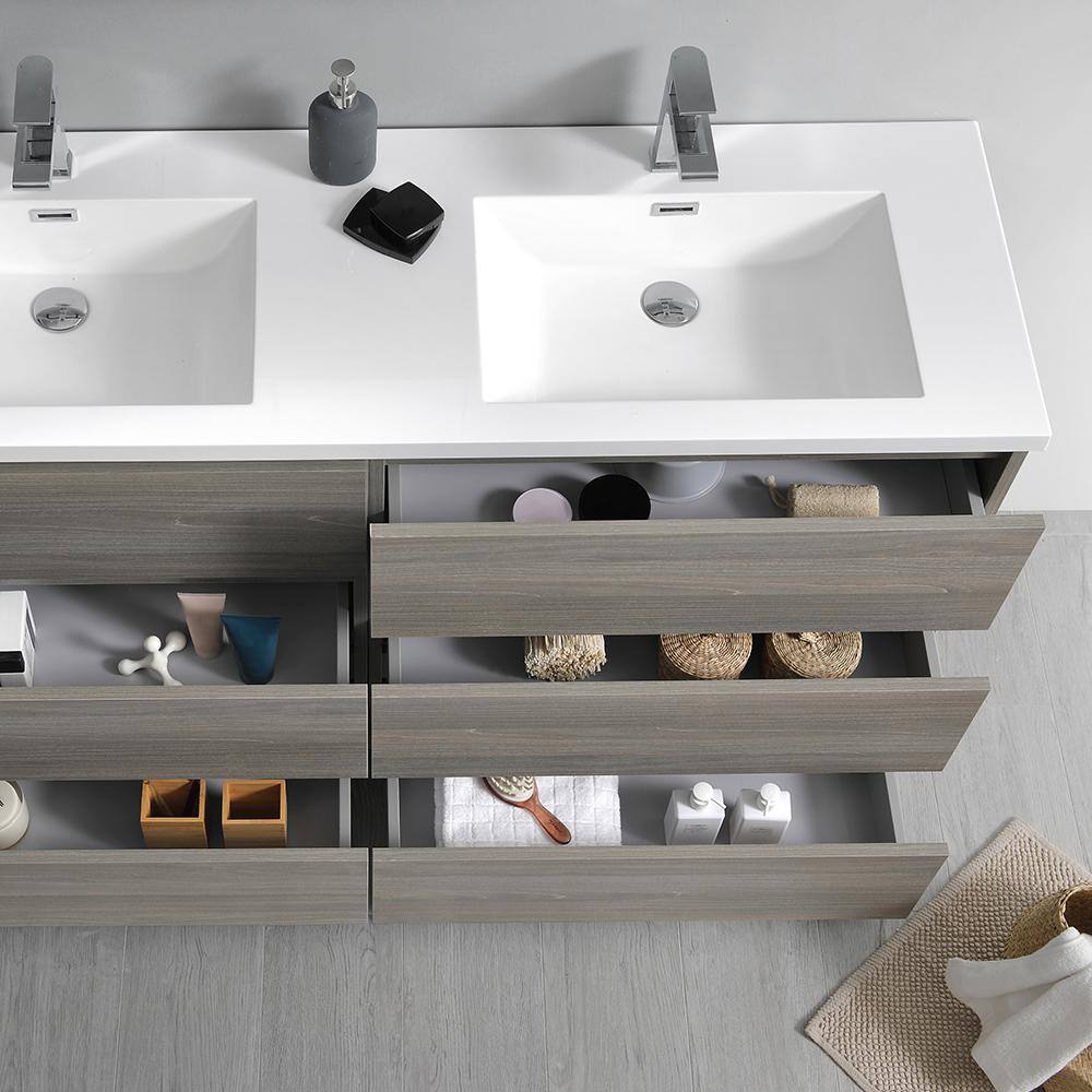 Gray Wood 60" Freestanding Double Sink Vanity with Acrylic Top