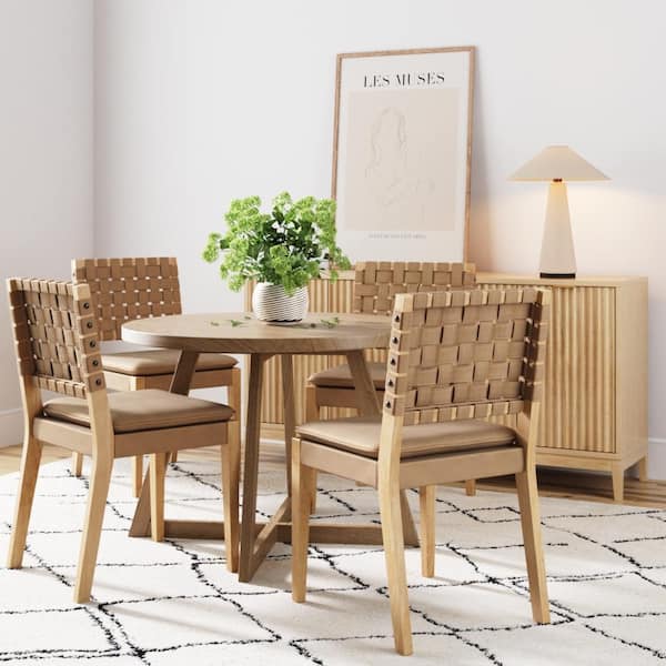 Cohen 19 in. Wood Mid-Century Modern Side Dining Chair with Woven Faux Leather Back for Kitchen, Natural Brown, Set of 4