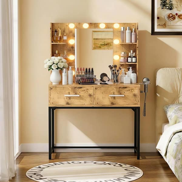 Modern Rustic Oak and Black Makeup Vanity Desk with LED Lighted Mirror, 2 Storage Drawers and Built-In Charging Station