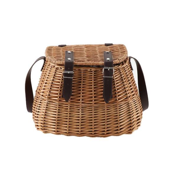 9.06 in. x 7.48 in. x 9.06 in. Wicker Fishing Creel Picnic Basket with Lid for Outdoor Use Basket, Carrying