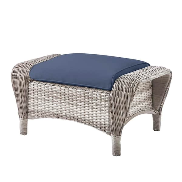 Hampton Bay Beacon Park Gray Wicker Outdoor Patio Ottoman with CushionGuard Sky Blue Cushions
