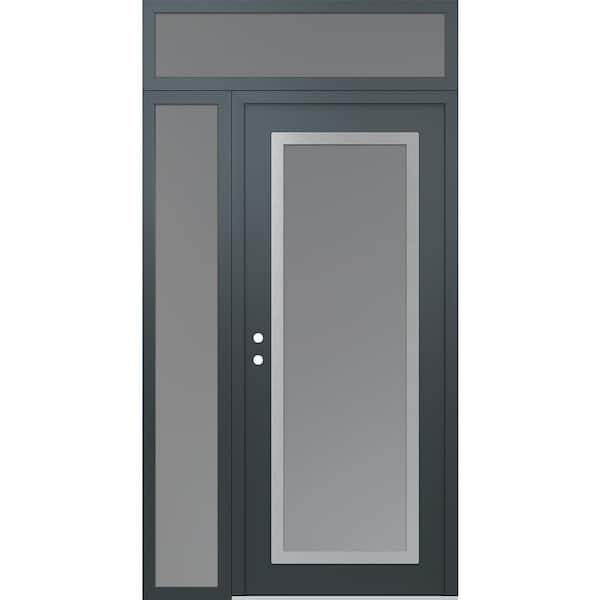 C1 52 in. x 96 in. Silver P Right-Hand/Inswing Frosted Glass Anth/Anth Sidelite Plus Transom Steel Prehung Front Door