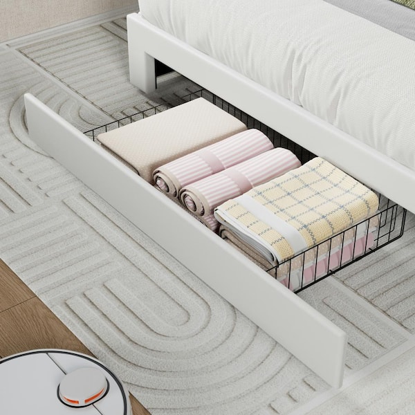 VECELO Upholstered Bed with Storage-3 Drawers, White Metal