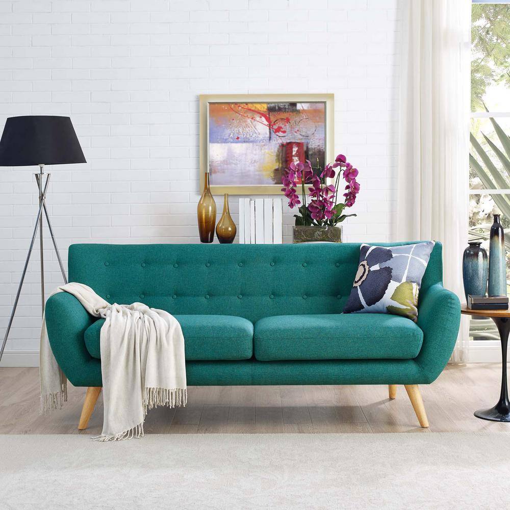 Teal Tufted Mid-Century Modern Fabric Sofa with Wood Legs