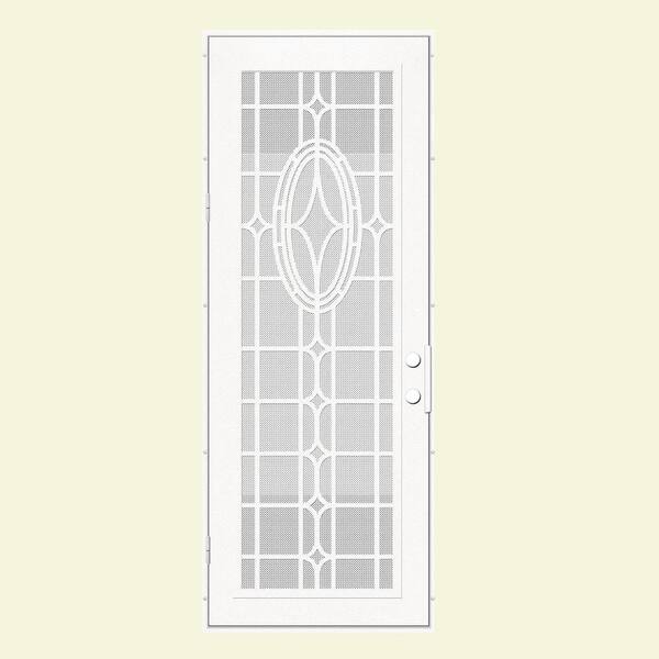 Unique Home Designs 36 in. x 96 in. Modern Cross White Left-Hand Recessed Mount Aluminum Security Door with White Perforated Screen