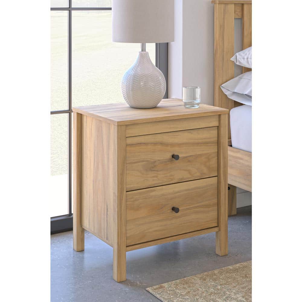 Light Brown 2-Drawer Transitional Nightstand with Bronze Knobs