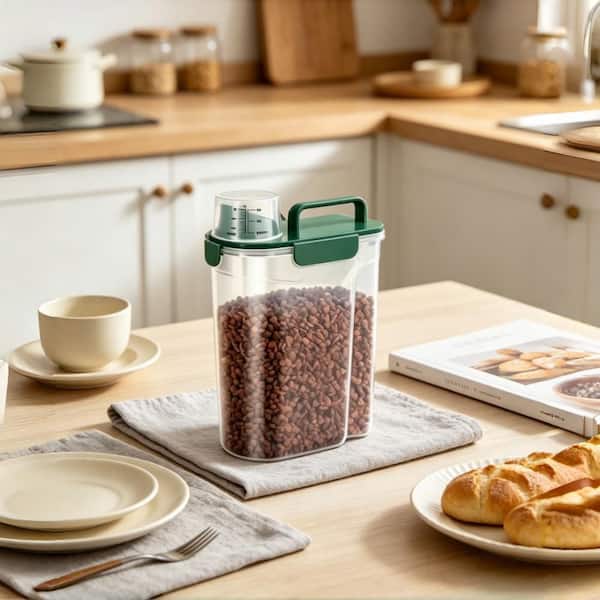 Pet Food Storage Container with Large Spout and Cup for Kibble Bird Seed Rice Flour Brown Sugar, Dark Green(1-Pack)
