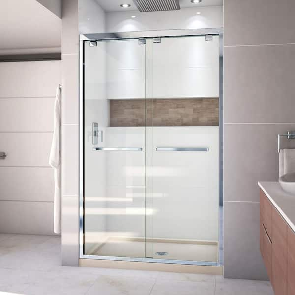 DreamLine Encore 34 in. D x 48 in. W x 78.75 in. H Semi-Frameless Sliding Shower Door in Chrome with Center Drain Biscuit Base