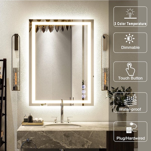 24 in. W x 32 in. H LED Light Anti-Fog Rectangular Modern Frameless White Wall Mirror
