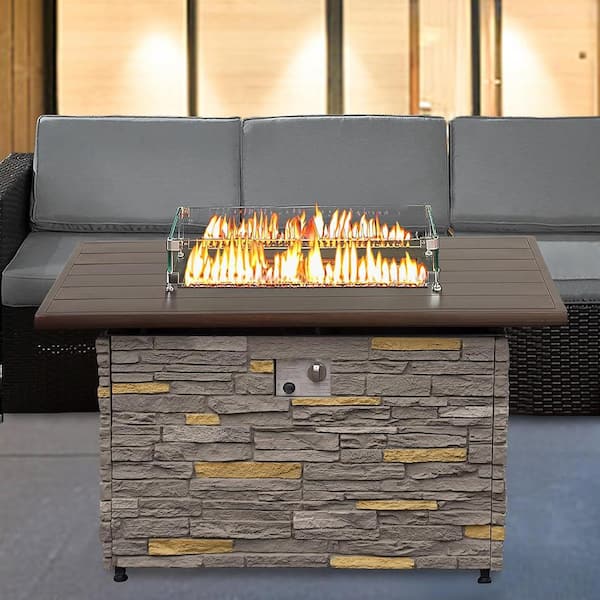 PIZZELLO 43" Propane Fire Pit Table Outdoor Stone Firepit Table Rectangular 50000 BTU Propane