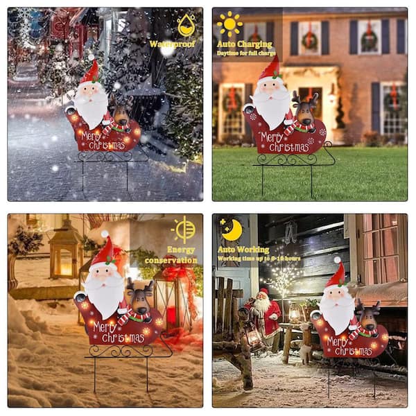 OGETFUUR 17.7 x 28.34 in. Santa Claus and Reindeer Metal Solar