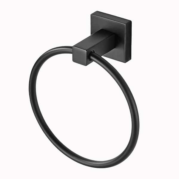 Wall Mounted Towel Ring Bath Round Towel Hanger for Bathroom Square Base Hand Towel Holder in Matte Black