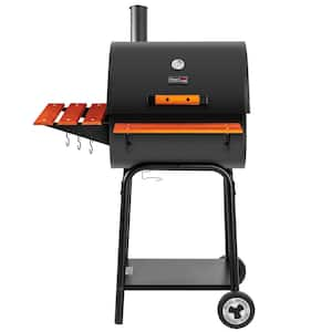 24 in. Charcoal Grill with Wooden Front Shelf and Side Shelf Garden Grilling in Black, Outdoor Barrel Charcoal Grill