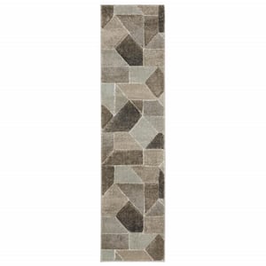 Grey Brown Beige Tan Taupe and Ivory 2 ft. x 8 ft. Geometric Power Loom Stain Resistant Runner Rug