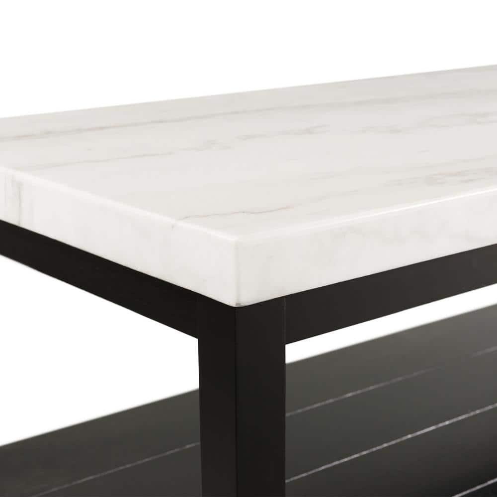 Transitional White Marble & Black Wood Rectangular Coffee Table