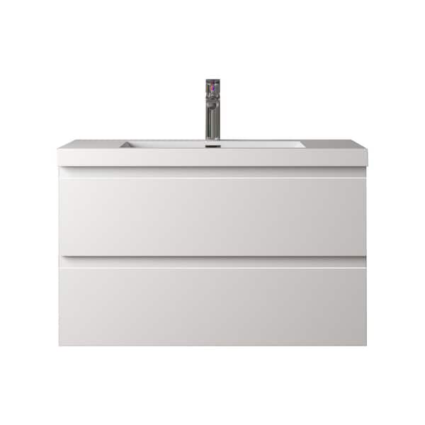 Angela 36 in. Single HG. White Bath Vanity Wall-mounted Floating Vanities with Gloss White Resin Stone Top 2 Drawers