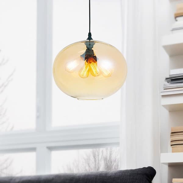 Glass 4 Light Down Pendant With Amber Finish