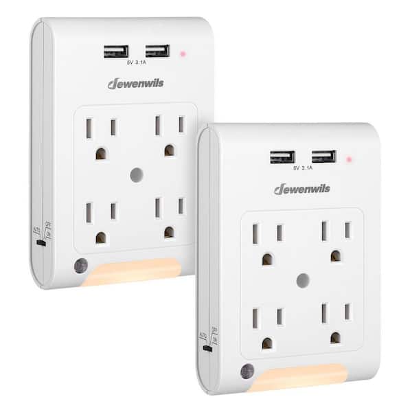 DEWENWILS 2 Pack 4- Outlet Extender with 2 USB Ports, Light Sensor Night Light, 1080 Joules Surge Protector, ETL Listed