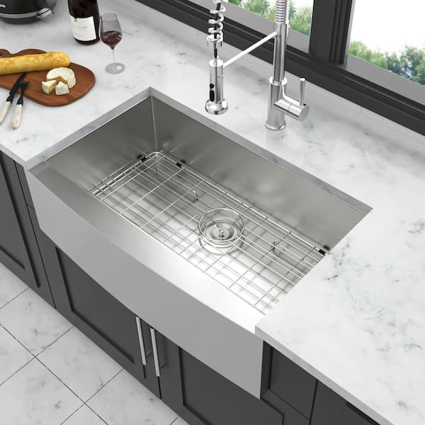 36 in. Farmhouse Single Bowl 18-Gauge Brushed Nickel Stainless Steel Kitchen Sink with Bottom Grids
