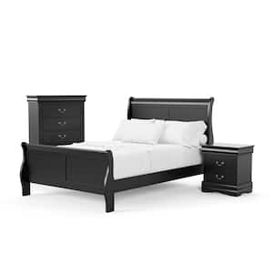3-Piece Burkhart Black Wood Twin Bedroom Set Bed and Nightstand with Chest