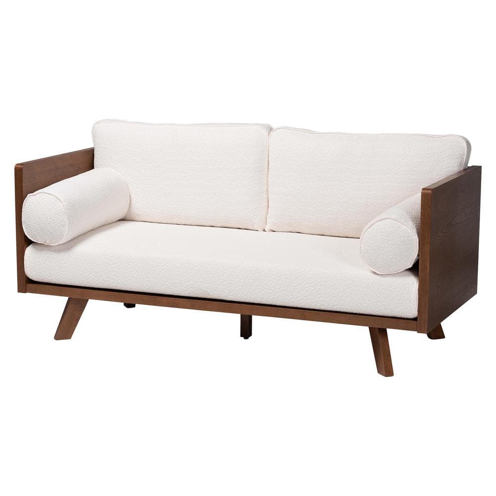 Mid-Century Modern Cream Boucle Fabric 2-Seat Sofa with Wood Frame