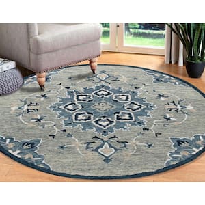 Bella Gray/Blue 7 ft. 3 in. Round Eclectic Hand-Tufted Medallion 100% Wool Round Area Rug