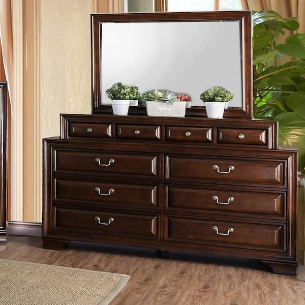 Furniture of America 2pc Liam Brown Cherry 10-Drawer 66.75 in. W. Dresser with Mirror