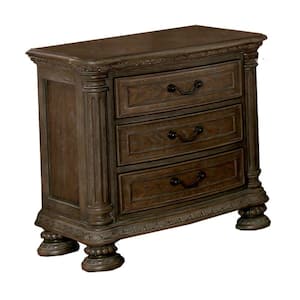 3-Drawers Brown Wooden Nightstand and Intricate Carving Details 18 in. L x 30 in. W x 29.63 in. H